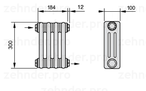 Схема (чертеж) Радиатор Zehnder Charleston 3030/4 №1670 Белый глянцевый RAL 9016